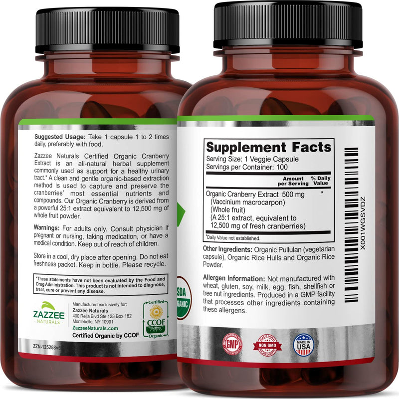 [Australia] - Zazzee USDA Organic Cranberry 25:1 Extract, 12,500 mg Strength, 100 Vegan Capsules, Over 3 Month Supply, Standardized, Concentrated 25X Extract, 100% Vegetarian, Certified Organic, Non-GMO All-Natural 