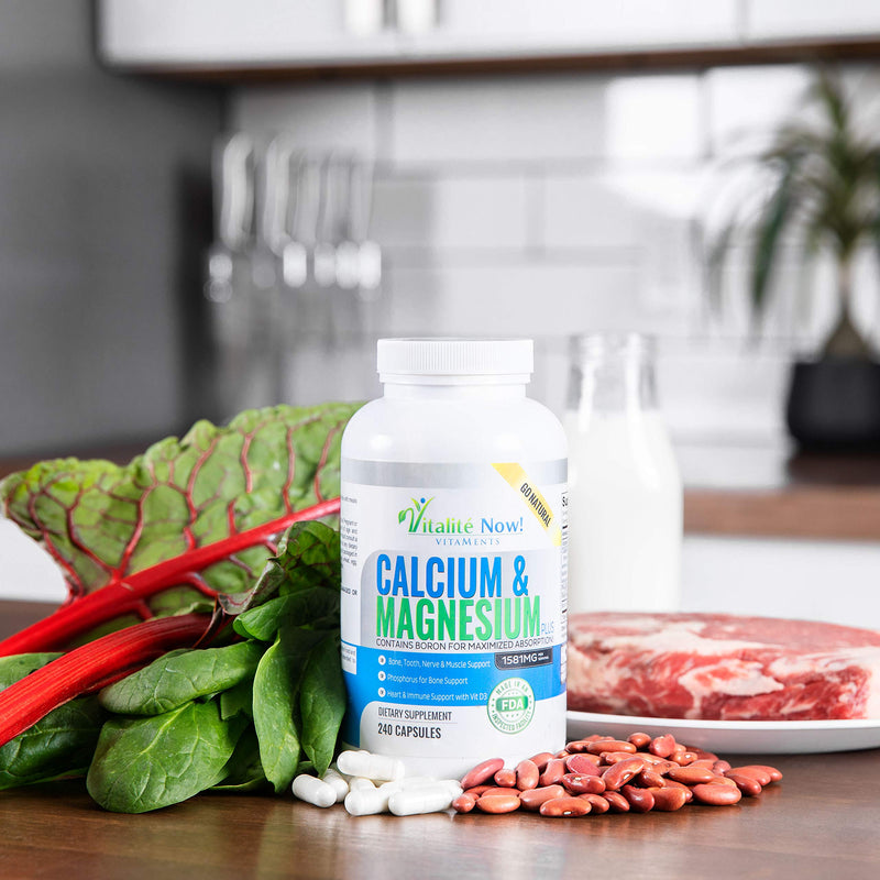 Vitalité Now! Calcium Magnesium Supplement 1000mg with Vitamin D | 10 Forms of Calcium for Maximum Absorption - Bone Strength Support with Boron and Phosphorus - 240 Capsules - 2 Month Supply