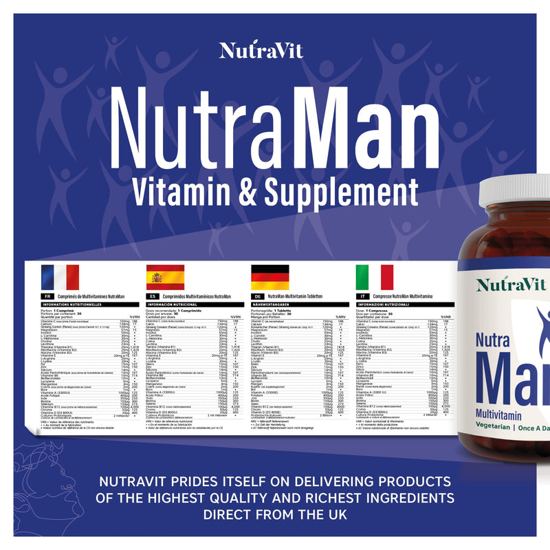 NUTRAMAN - Mens Multivitamin | Vitamins for Men - 30 Tablets - 34 Vitamins & Minerals - Daily Vitamins for Energy & Health - with Probiotics, Panax Ginseng, Amino Acids & Methyl B12 - NutraVit