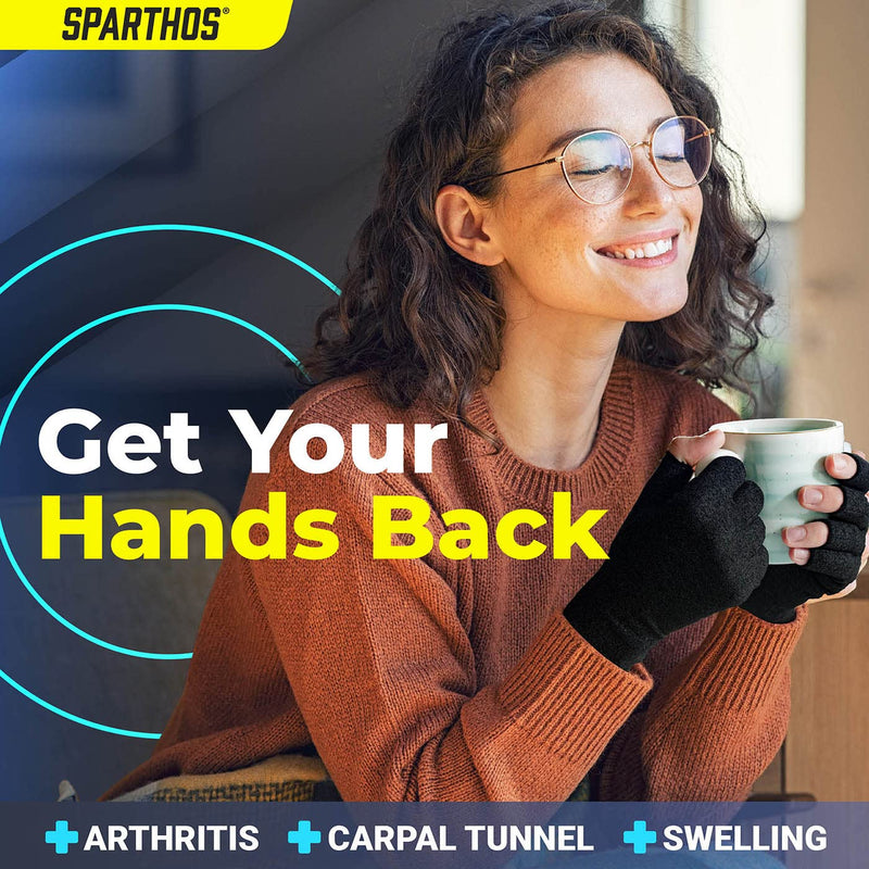 [Australia] - Sparthos Arthritis Hand Compression Gloves - Helps With Carpal Tunnel, Neuropathy & Artritis Pain - Support Your Hands While Typing - Fingerless Circulation Glove - Fits Men & Women (Black - Medium) Medium (1 Pair) Midnight Black 