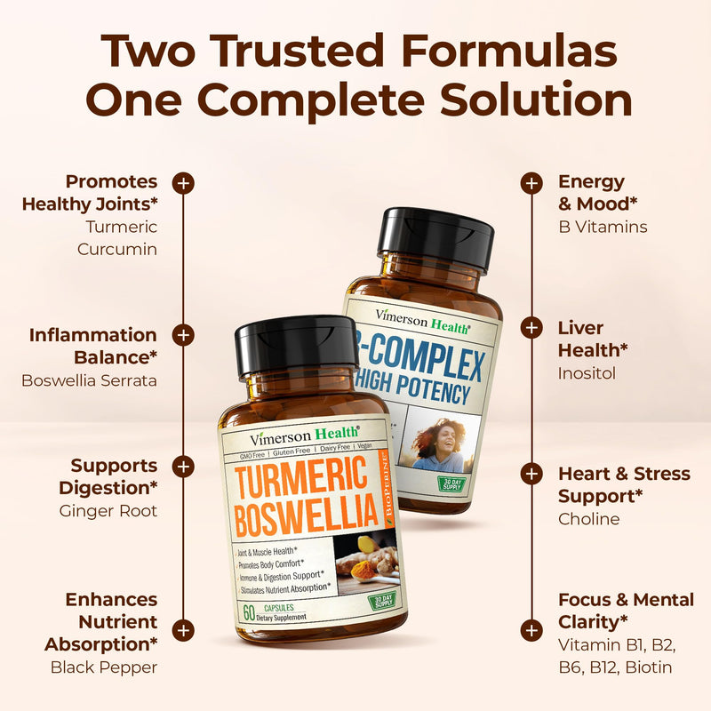 Boswellia Turmeric Curcumin Supplement + Vitamin B Complex with Vitamin B12, Niacin, Vitamin B2, Vitamin B6 Bundle – Supports Joint Health & Aids Mood, Energy – with Ginger Root, Organic Turmeric