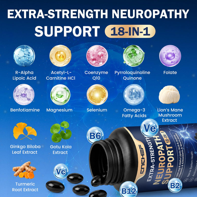 Neuropathy Support Nerve Supplement – 1000mg Advanced R-Alpha Lipoic Acid, L-Carnitine, Benfotiamine, PQQ,CoQ10,Magnesium & B-Complex for Nerve Health,Antioxidant & Cellular Energy,Vegan 120 Capsules 120 Count (Pack of 1)