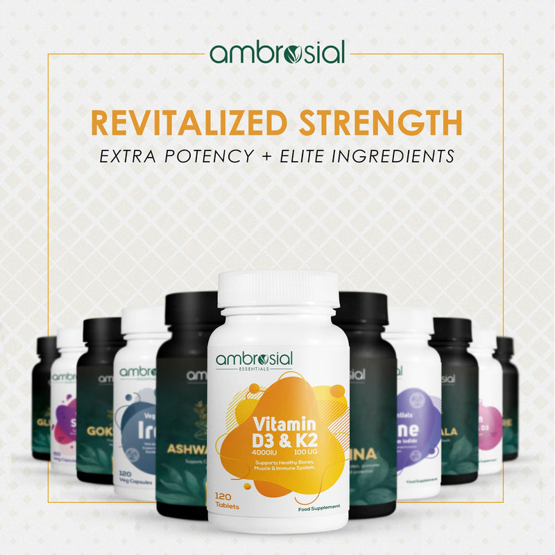 Ambrosial Vitamin D3 & K2 Tablets 4000IU Vitamin D3 + 100µg Vitamin K2 MK-7 for Healthy Bones, Muscles, and to Support the Immune System - 120 Tablets