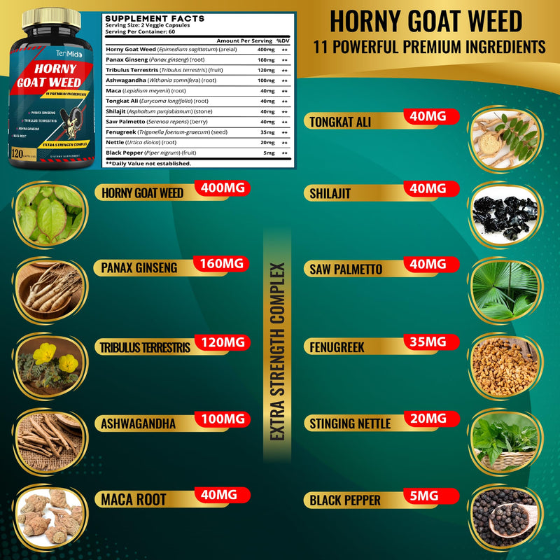 [Australia] - Horny Goat Weed Capsules & Ginseng, Tribulus, Ashwagandha, Maca, Tongkat and More - 120caps 