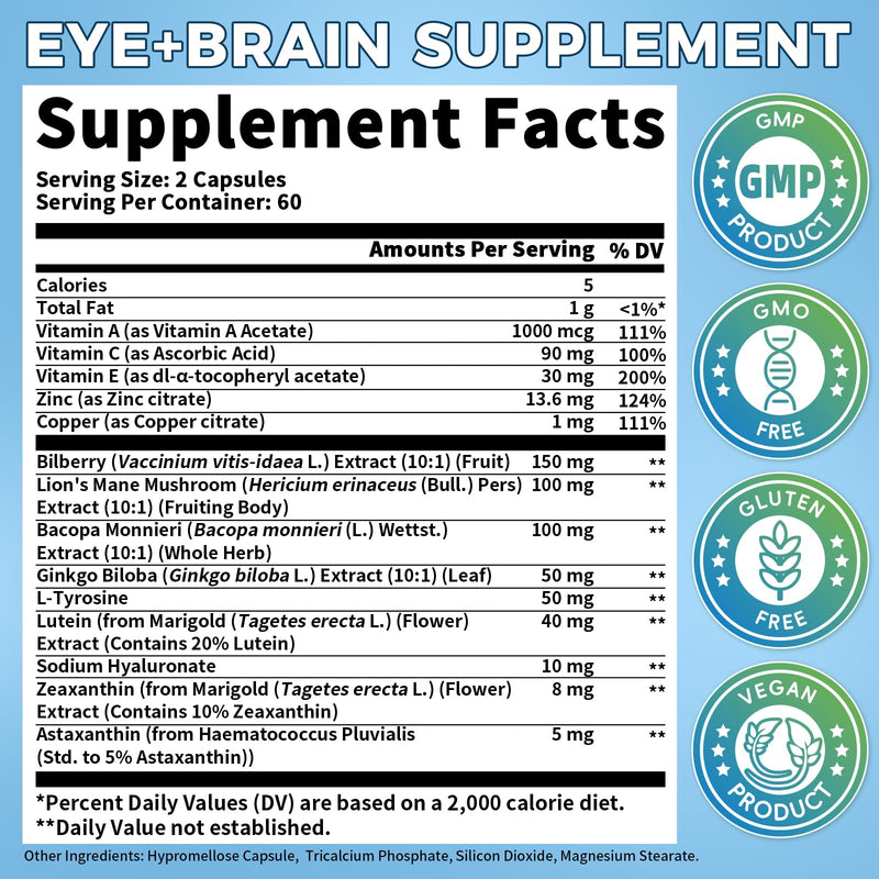 Eye Brain Supplement for Memory and Focus 14 in 1 Eye Vitamins 120 Capsules | Dry Eye Relief, 40mg Lutein, Zeaxanthin, Bilberry, Ginkgo Biloba, Bacopa Monnieri, Lion's Mane, Eye Care for Adults & Seniors 120 Count (Pack of 1)