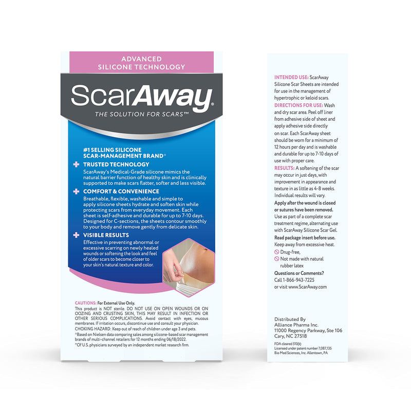 [Australia] - ScarAway Advanced Silicone Scar Sheets for C-Section, Reusable Sheets (1.5” x 7”) for Hypertrophic and Keloid Scars from C-Section & Other Surgeries, 4 Sheets 