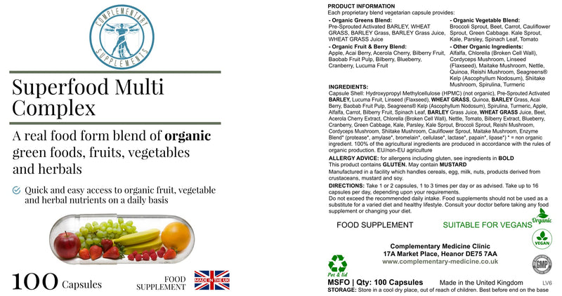 Organic Superfood Multi Complex - Wholefood Nutrition – Chlorella, Spirulina, Turmeric, Kelp, Organic Herbs, Vegetables, Fruits + Digestive Enzymes - 100 Capsules
