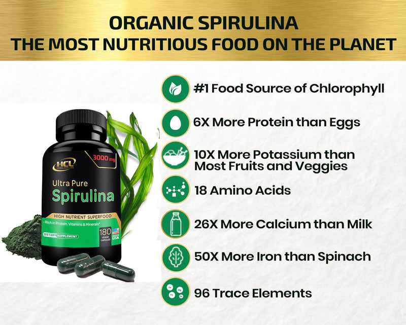 [Australia] - Organic Spirulina Powder Capsules 3000 mg - Purest Non-Irradiated Blue Green Algae - Best Raw Vegan Protein - Green Superfood - Natural Multivitamins – 180 pills Made in The USA 