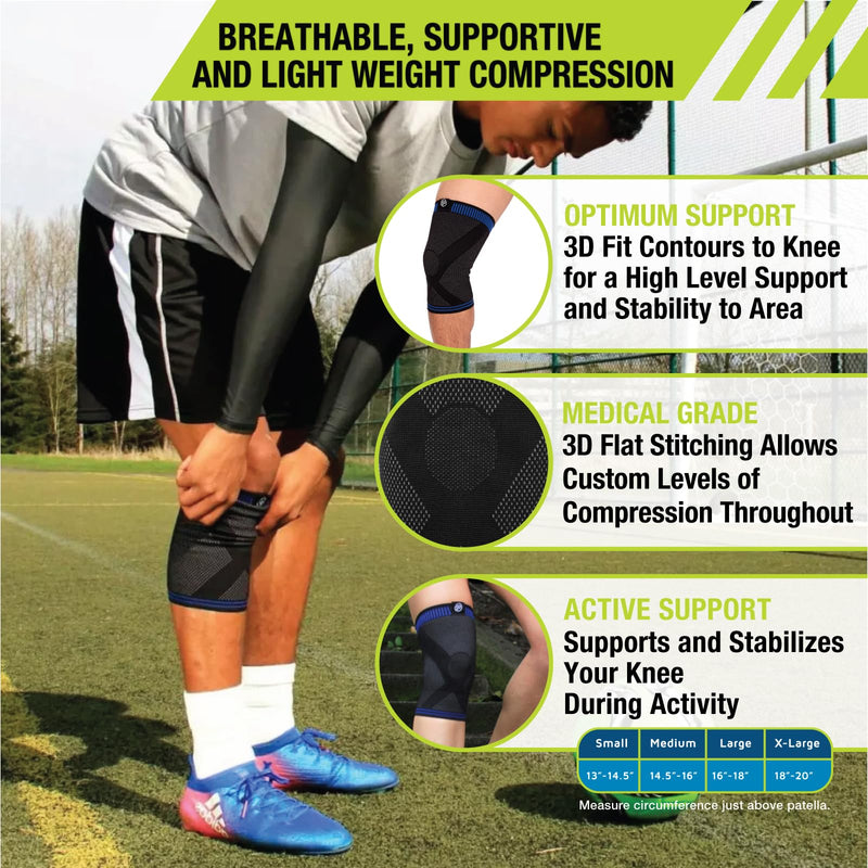 Pro-Tec Athletics 3D Flat Knee Support, Advanced Flat Knit Technology for Custom Fit, Breathable Multi-Directional Stretch Fabric, Non-Slip Gel for Enhanced Stability, Full Motion, Medium, Blue/Black Blue, Black
