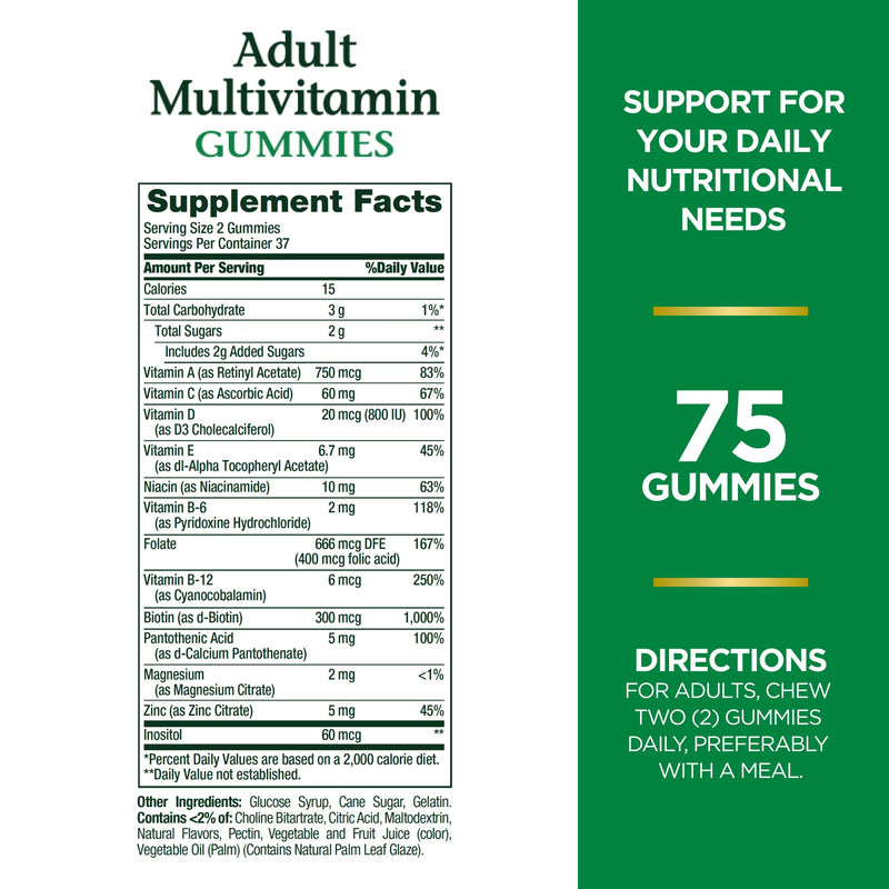 Nature's Bounty Adult Multivitamin Gummies, Vitamin Supplement, Daily Nutritional Needs, Orange, Cherry and Grape Flavor, 75 Gummies (Pack of 3) 75 Count (Pack of 3)