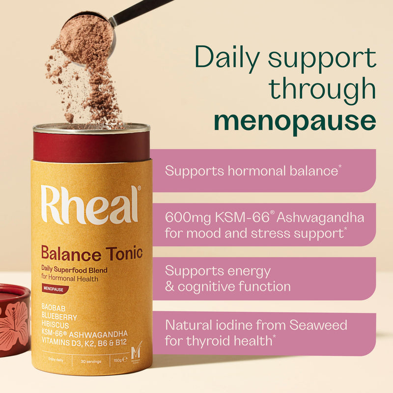 Rheal Balance Tonic – Menopause 150g – Organic Female Health Blend with Ashwagandha, Maca & Vitamins B6, B12, K2, D – Supports Mood, Stress & Hormonal Balance – Gluten-Free, Vegan. 30 Servings