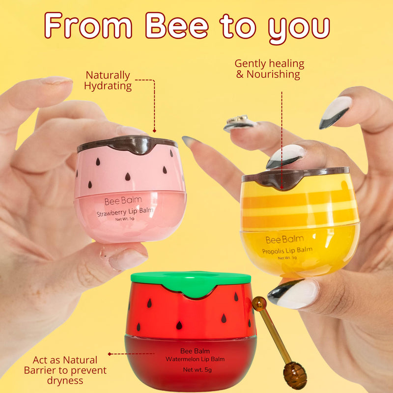 Original My Bee Balm Lip Balm – Propolis Hydrating Balm – Pot for Dry, Chapped & Cracked Lips – Deeply Moisturizes & Hydrates Lips with Organic Beeswax & Vitamin E Watermelon, Honey, Strawberry 1 Count (Pack of 1)