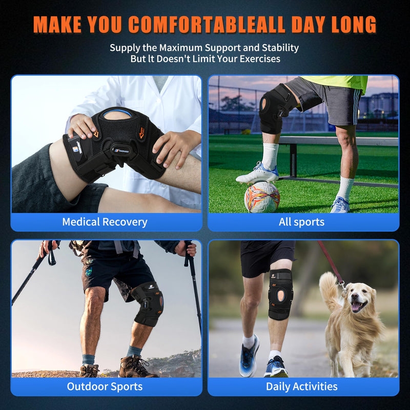[Australia] - Hinged Knee Brace for Meniscus Tear, Knee Brace for Women and Men with Removable Side Stabilizers and Patella Gel Pad, Knee Support for Knee Pain , ACL, MCL, PCL, Arthritis, Injury or Surgery Recovery Black Large 
