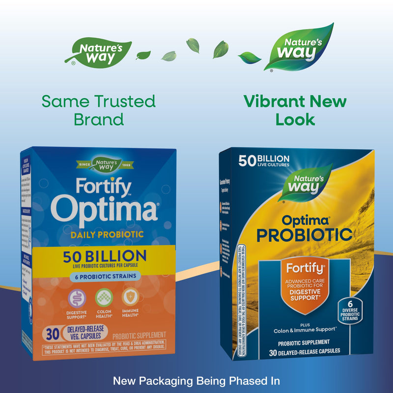 Nature's Way Fortify Optima Probiotic for Men and Women, 50 Billion, 30 ct | Live Cultures, 6 Strains, Supports Digestive and Immune Health*, Gluten-Free, Dairy-Free, No Refrigeration Needed