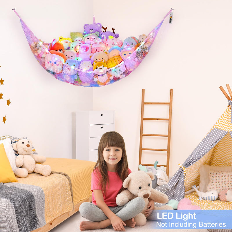 [Australia] - Basumee Stuffed Animals Net or Hammock with LED Light Hanging Toy Net Hammock for Stuffed Animals Storage Stuff Animals Hammocks for Nursery Kids Room with Remote Control, 8 Kinds of Lights(Pack of 1) Blue and Purple 51'' x 51" x 71" (Pack of 1) 