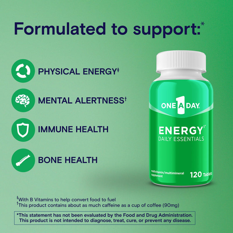 One A Day Energy Daily Essentials Multivitamin, Energy Supplement to Support Mental Alertness and Immune Health with Vitamins A C, D, E, Zinc and Caffeine, 120 Count 120 Count (Pack of 1)