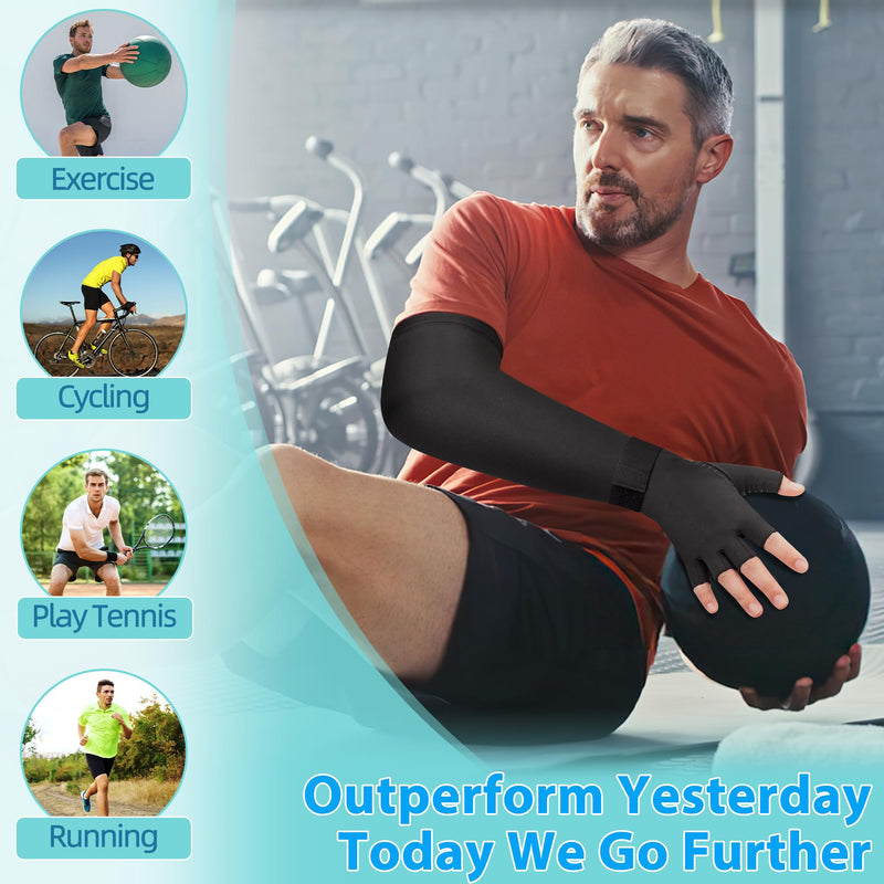 [Australia] - Copper Long Compression Arthritis Glove with Wrist Strap (1 Pcs), 20-30 mmHg Lymphedema Compression Arm Sleeve with Gauntlet, Fingerless Graded Pressure Full Arm and Hand Support for Men Women Right Hand Black Large 