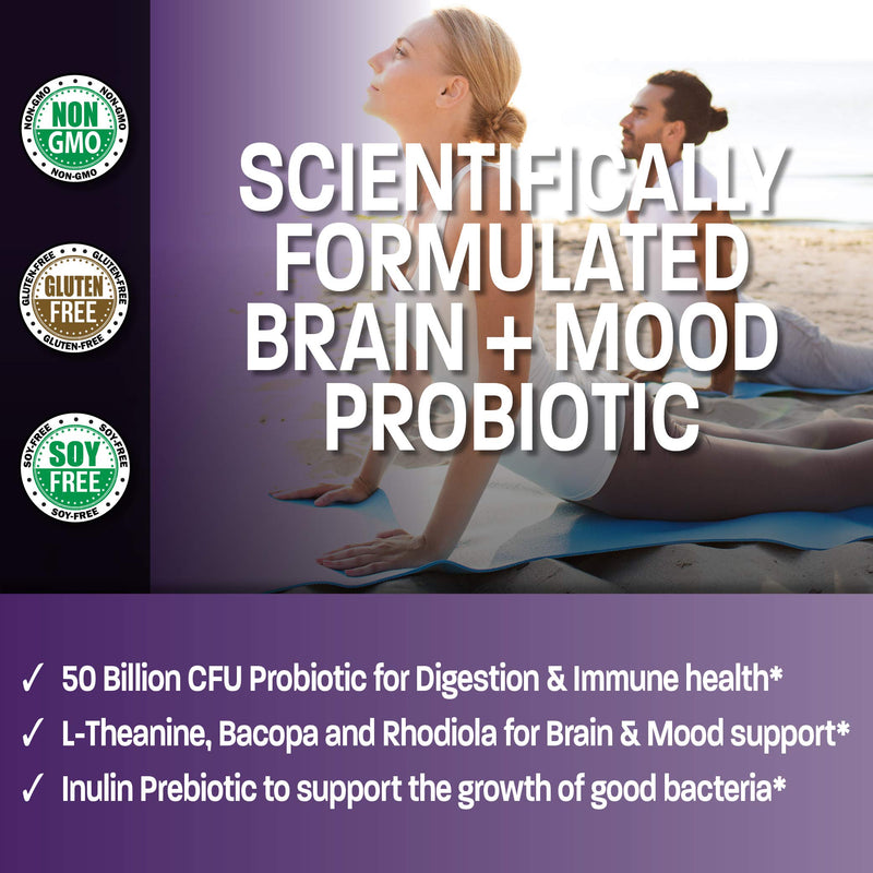Bronson Brain + Mood Probiotic 50 Billion CFU + Prebiotic, 60 Capsules | 16 Freeze-Dried Strains with L-Theanine, Bacopa & Rhodiola, Digestive & Immune Support, Non-GMO, Gluten-Free & Soy-Free