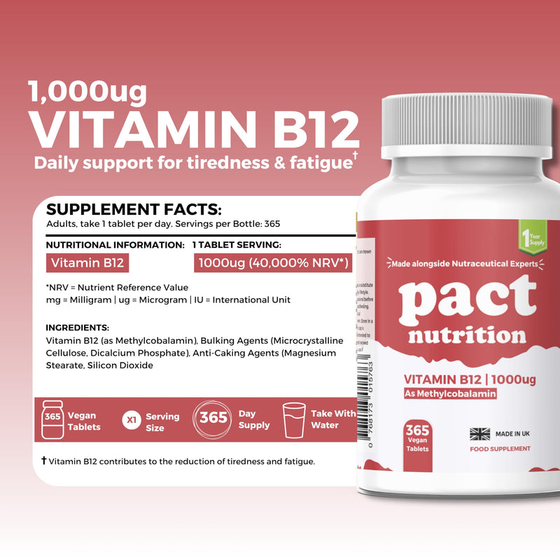 Vitamin B12 1000mcg – 365 Easy to Swallow Tablets (1 Year Supply) - High Strength VIT B12 Supplement for Energy, Tiredness & Fatigue and Immune System – Vegan