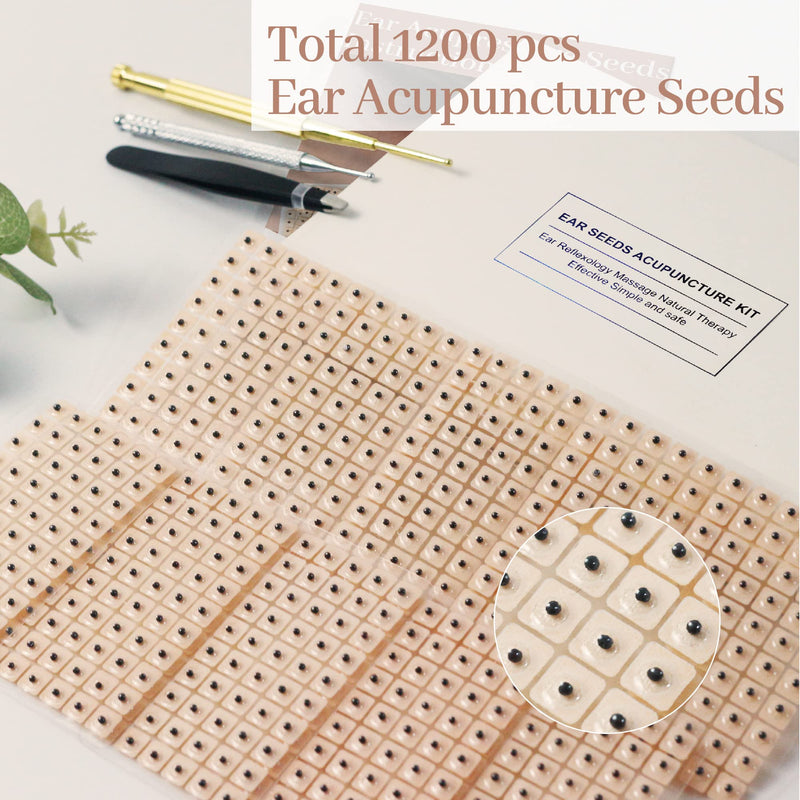 [Australia] - 1200Pcs Ear Seeds Acupuncture Kit, Auricular Sticker Kit with Ears Seed, Acupuncture Pen, Acupressure Ear Chart,Tweezers 