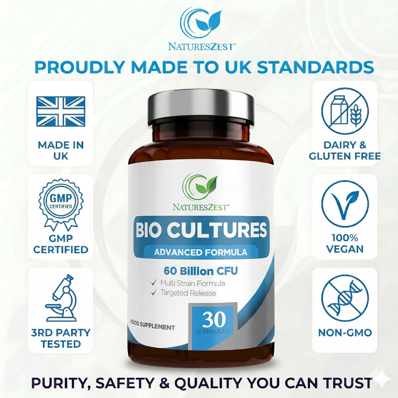 Bio Cultures Complex Probiotics and Prebiotics for Gut Health 60 Billion CFU - 30 Vegan Capsules - High Strength Digestive Supplements, Multi Strain Pre and Probiotics Formula for Men & Women 30 count (Pack of 1)