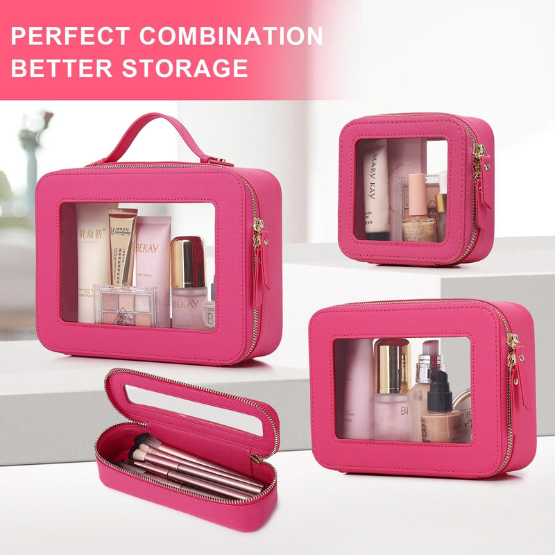 Pinkmik Travel Clear Makeup Bag with Brush Bag Portable Cosmetic Bag Case Transparent Toiletry Bag Cosmetic Organizer Storage Bag for Wome (X/Fuxia, L+SLIM) X/Fuxia