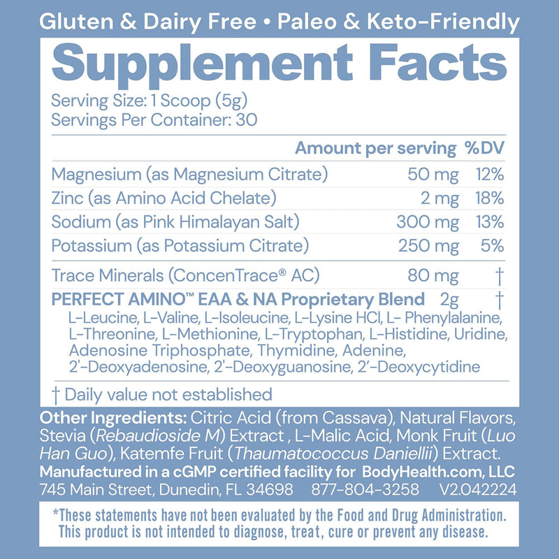 [Australia] - BodyHealth PerfectAmino Electrolytes Powder No Sugar, Keto Sugar Free Fasting Electrolytes Drink Mix, Hydration Powder with Trace Minerals - Mixed Berry - 30 Servings 5.3 Ounce (Pack of 1) 