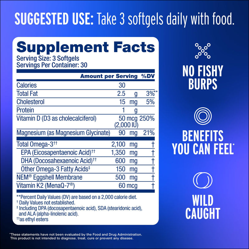 Oceanblue Omega-3 2100mg Fish Oil Supplement with 500mg Natural Eggshell Membrane NEM, Magnesium, Vitamins K2 & D | Triple-Strength, High-Potency | Support Joint Comfort & Muscle Recovery