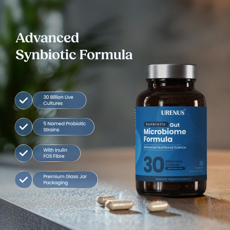 URENUS Synbiotic Gut Microbiome Formula 30 Billion Live Cultures 5 Clinically Studied Strains with Inulin FOS Prebiotic Fibre 30 Capsules