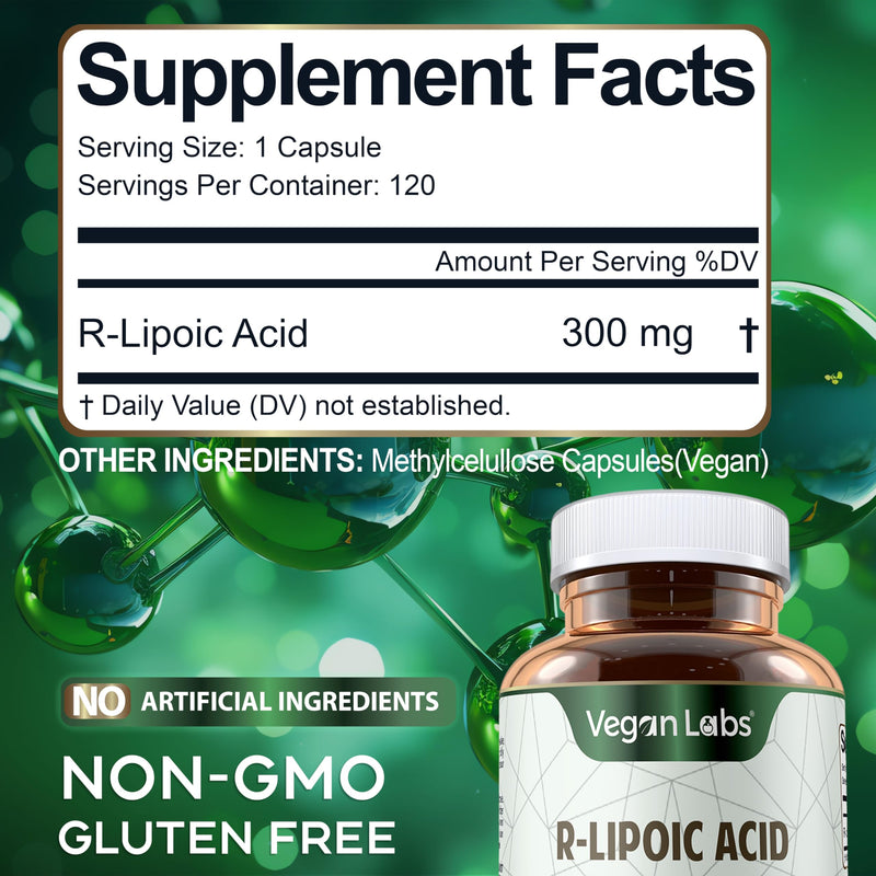 R-Lipoic Acid 300MG, 120 Vegan Capsules- Supports Cellular Energy and Antioxidant Protection- Gluten Free, Non-GMO, Stabilized R-ALA Supplement- 4 Month Supply