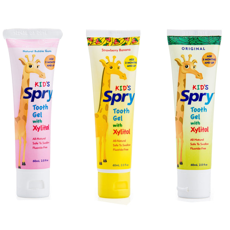 Spry Natural Xylitol Toothpaste for Baby, Toddler, Kids Age 3 Months Up - Fluoride Free Tooth Gel, Support Development of Emerging Teeth, Strawberry Banana, Bubblegum, Original, 2 Fl Oz (Pack of 3) Variety 2 Fl Oz (Pack of 3)