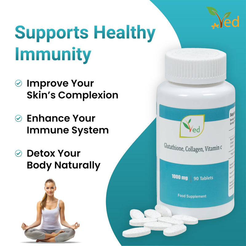 VED Reduced L-Glutathione, Collage, Vitamin C Tablets | 1000mg x 90 Tablets