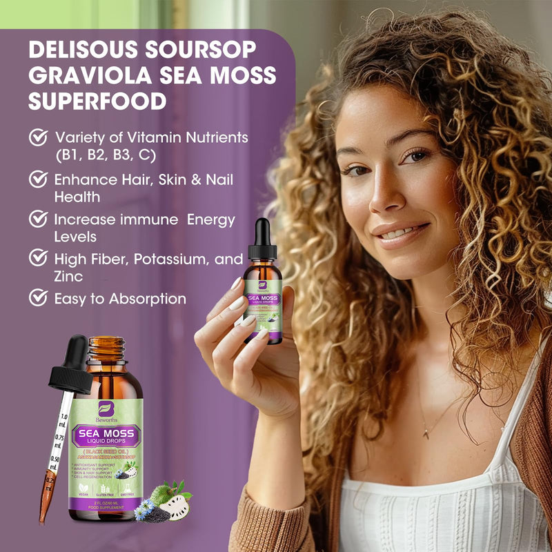 [Australia] - Sea Moss Liquid Drops - Irish Sea Moss & Black Seed Oil with Ashwagandha, Soursop Bitters, Elderberry, Burdock Root, Bladderwrack, Seamoss Supplement Support Antioxidant, Immune, Gut Health 2 Fl Oz (Pack of 1) 