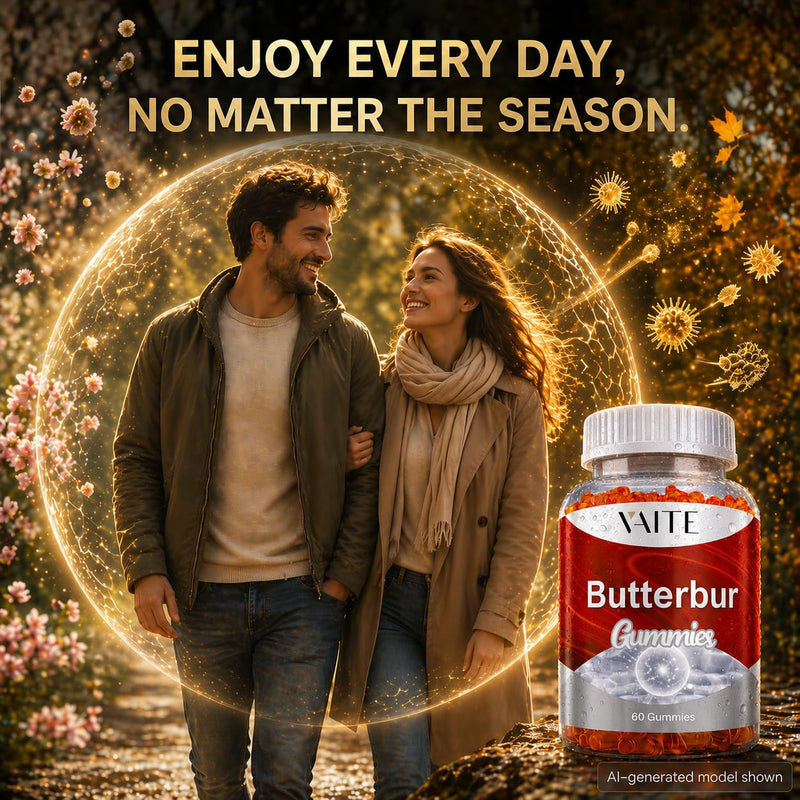 VAITE Butterbur Extract 9-in-1 Herbal & Mineral Complex with Riboflavin B2, Magnesium Glycinate, Feverfew, L-Theanine, Ginger, Turmeric, Quercetin & Black Pepper – Vegan, Non-GMO, 60 Gummies