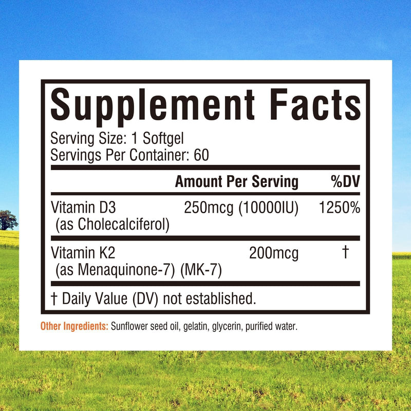 Innate Vitality Vitamin D3 K2, High Potency Vitamin D3 10000iu, 60 Softgels | w/ Vitamin K2 (MK-7) 200 mcg, Supports Bone, Teeth, Heart & Immune Health Non-GMO, Gluten Free 60 Count (Pack of 1)