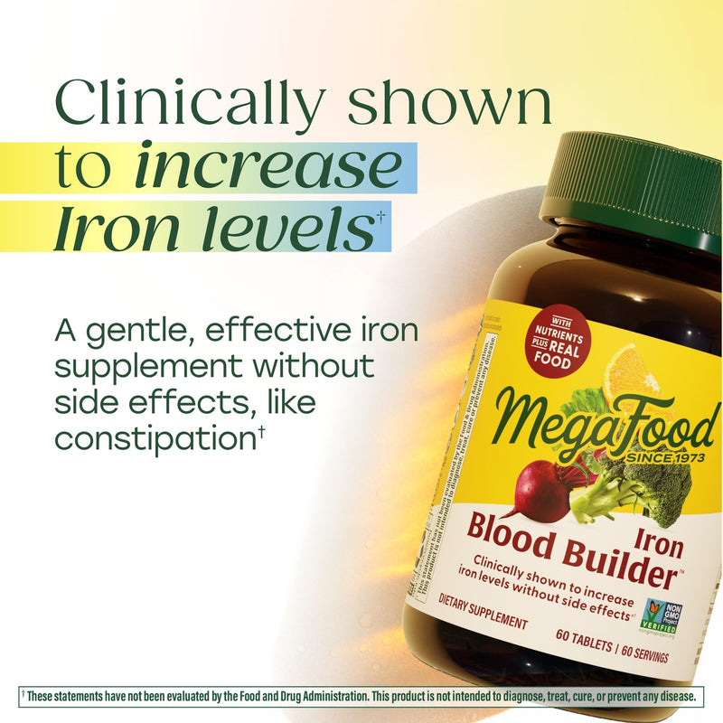 MegaFood Blood Builder Iron Supplement, Energy Support, Vegan, 90 Tablets | Increase Iron Levels Without Side Effects, Improves Energy Levels, B12, Folic Acid and Vitamin C for Absorption, 90 Servings Unflavored 90 Count (Pack of 1)