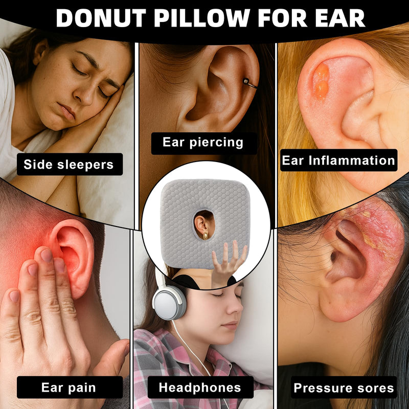 Piercing Pillow for Side Sleepers, Memory Foam Donut Pillow for Ear, Ear Pillows with Holes for Ear Pain, Earring Inflammation Pressure Sores, CNH, Soft and Comfortable Earring Pillow (Gray) Gray