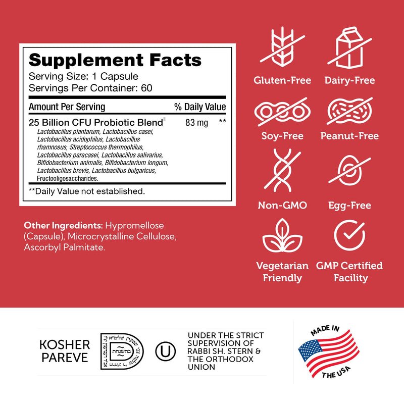 Zahler Biodophilus, All Natural Advanced Probiotic and Prebiotic Supplement, Promotes Digestive Health, 25 Billion Live Cultures and Intestinal Flora Per Serving, Certified Kosher, 30 Capsules