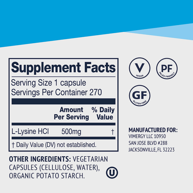 [Australia] - Vimergy L-Lysine 500MG Capsules, 270 Servings – Essential Amino Acid – Supports Immune System, Healthy Skin, Muscles, Bone & Tissue – Vegetarian, Non-GMO, No Gluten, Kosher (270 count) 270 Count (Pack of 1) 