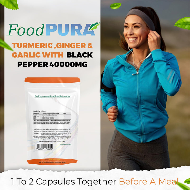 365 x 4000mg Turmeric (Curcumin), Ginger, Garlic & Organic Black Pepper Capsules HACCP Certified, Manufactured in The UK by FoodPURA (365) 365