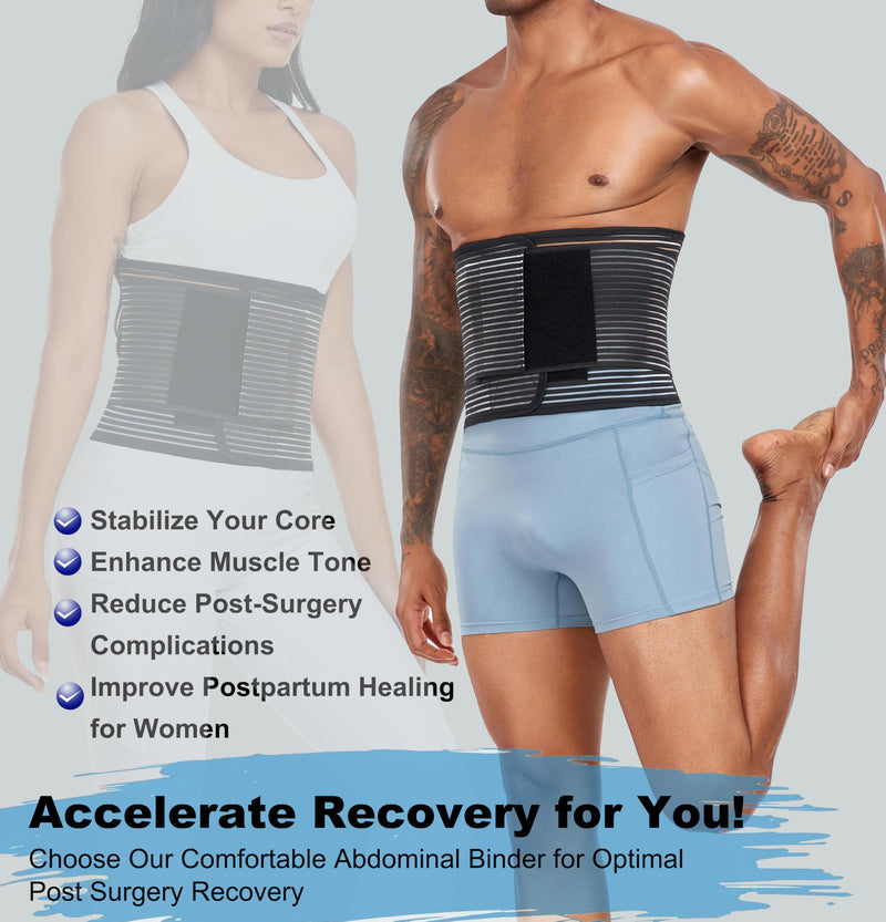 Abdominal Binder Post Surgery Hernia Support Belt Belly Wrap for Men Women, Post-Surgery Stomach Compression Belly Band for Post C Section, Natural Birth, Abdominal Injuries (Black, Large) Black