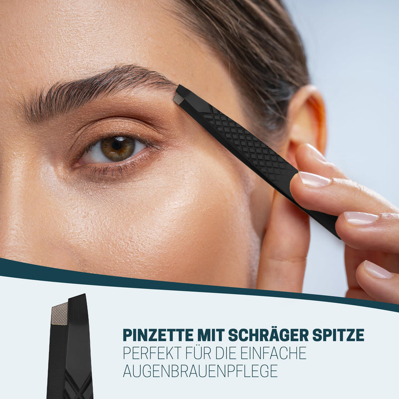 [Australia] - KLINGENHELD® professional tweezers set with ComfortGrip tips & anti-slip handle - maximum hold & highest precision - including cotton case 100% plastic-free & sustainable - tweezers for plucking eyebrows black 