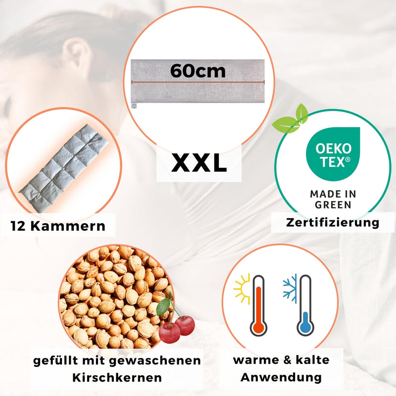 [Australia] - Heat cushion microwave XXL 20x60 cm cherry stone cushion, organic OEKO TEX non-toxic | Large long grain pillow (neck, shoulder, back, stomach, feet, legs, face), grape seed pillow gray N 