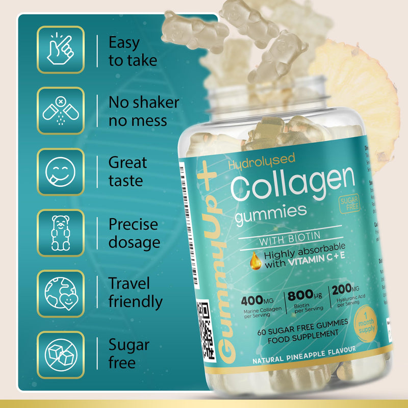 Hydrolysed Collagen Gummies with Biotin + Oral Hyaluronic Acid | Highly Absorbable with Vitamin C+E | 60 Sugar Free Natural Pineapple Flavoured Gummies