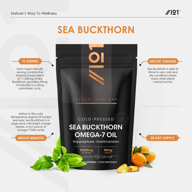 Sea Buckthorn Omega 7 Oil 11,550mg - 60 Vegan Softgels- High Strength 90mg Palmitoleic Acid- Pure & Potent Hippophae Rhamnoides Supplement Capsules - By Alpha01