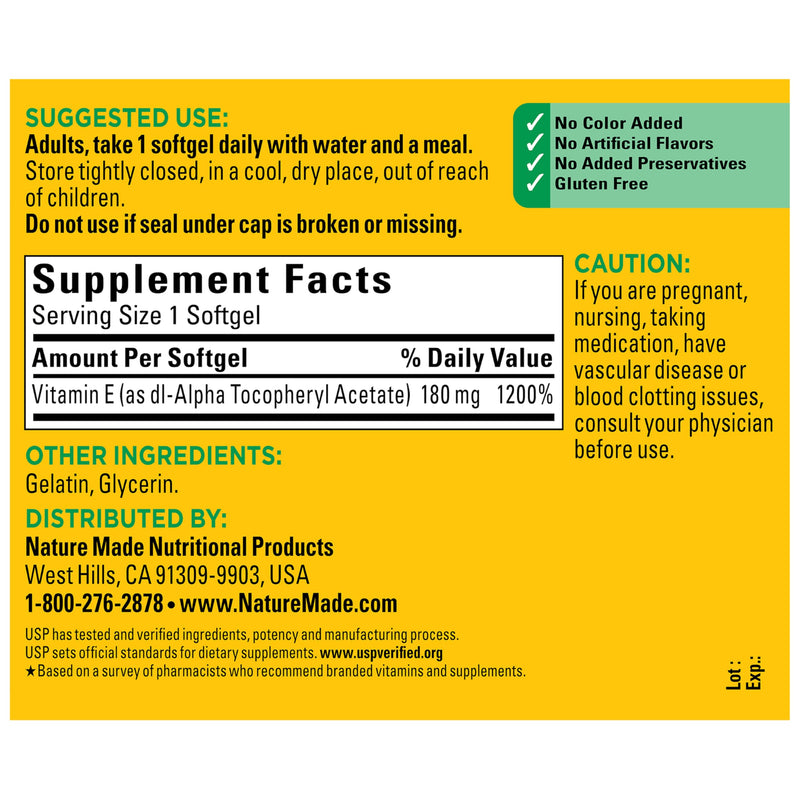Nature Made Vitamin E 180 mg (400 IU) dl-Alpha, 180 Softgels 180 Count (Pack of 1)