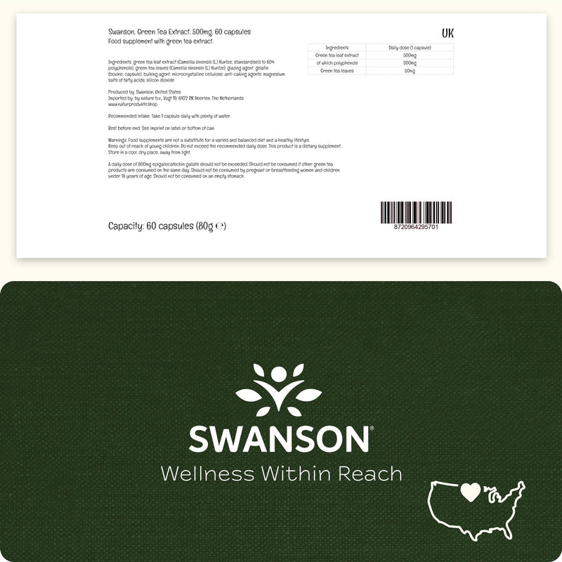 Swanson, Green Tea Extract, 500mg, 60 Capsules, High-Dose, SOYA-Free, Gluten-Free, GMO-Free 60 count (Pack of 1)