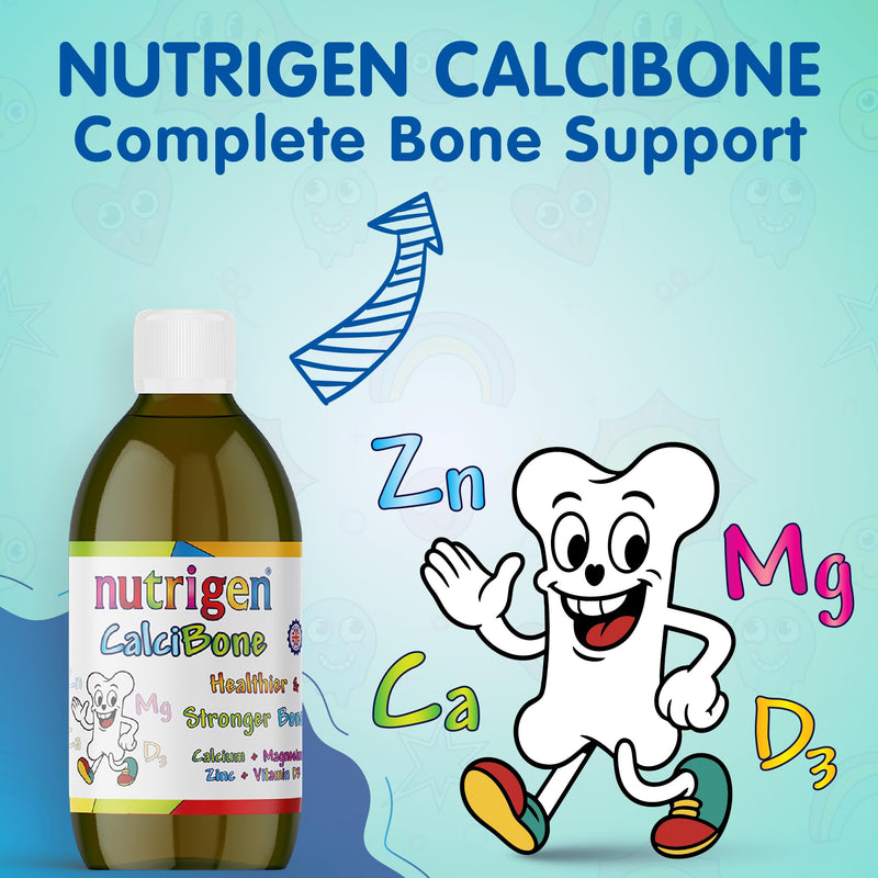 Nutrigen Calcibone Liquid for Children – Healthier and Stronger Bones – Contains Calcium, Vitamin D, Magnesium and Zinc Essential for The Bone Health. Strawberry Flavoured 150 mL.