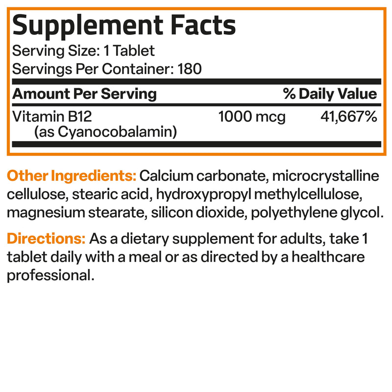 Bronson Vitamin B12 1000 mcg Sustained Release, Energy Support, 180 Tablets | Healthy Brain Function & Nervous System Support, Vegan, Non-GMO, Gluten-Free & Soy-Free 180 Count (Pack of 1)