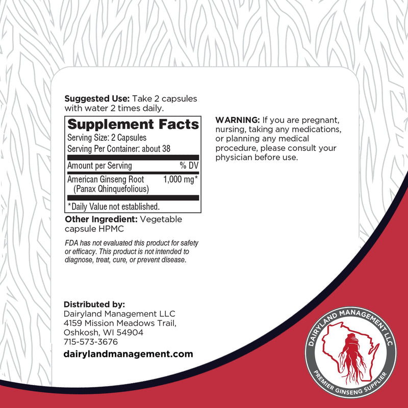 [Australia] - Dairyland American Ginseng Capsules - 75 ct, 500 mg - Wisconsin Ginseng Capsule - Authentic American Ginseng Root Extract - Ginseng Capsules for Use as a Daily Immune Support Herb Supplement 